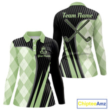 Load image into Gallery viewer, Womens Golf Polo Shirt Green Black Argyle Plaid Golf Pattern Custom, Womens Shirt Golf Tops NHT667