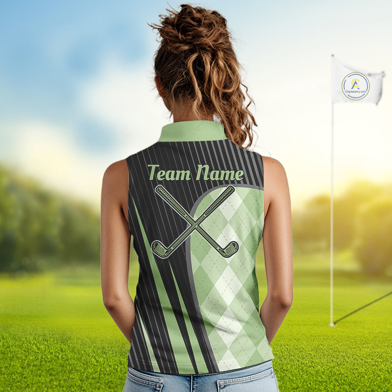 Womens Sleeveless Golf Polo Shirt Green Black Argyle Plaid Golf Pattern Custom,  Womens Shirt Golf Tops NHT667