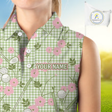 Load image into Gallery viewer, Floral Golf Womens Sleeveless Polo Shirt Personalized Gingham Golf Shirt Custom Name Cute Golf Outfit Golf Gift NHT688