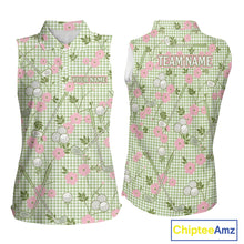 Load image into Gallery viewer, Floral Golf Womens Sleeveless Polo Shirt Personalized Gingham Golf Shirt Custom Name Cute Golf Outfit Golf Gift NHT688