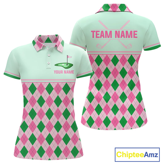 Pink Argyle Golf Polo Shirt Personalized Womens Golf Shirt Cute Preppy Golf Outfit Custom Name, Familly Team Shirts NHT691