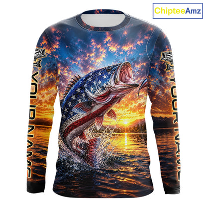 American Flag Bass Fishing Jersey – Patriotic Sunset Lake Angler Long Sleeve For Men