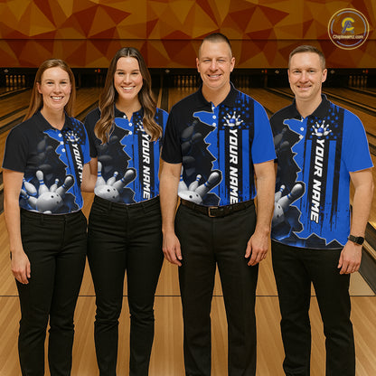 Men's Custom Bowling Tournament Polo Shirt & 1/4 Zip – Personalized Team Bowling Jersey| Blue NHT1196
