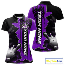 Load image into Gallery viewer, Women's custom bowling tournament polo shirt – purple personalized team bowling jersey close-up