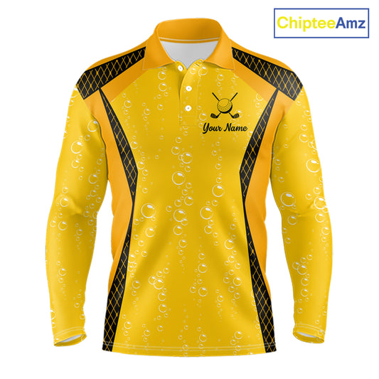 Custom Mens Beer Bubbles Golf Polo Shirt, Personalized Yellow Beer Themed Golf Jersey With Name, Gift For Golfer NHT703