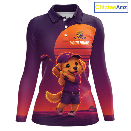 Personalized Golden Retriever Dog Golf Shirt - Retro Sunset Womens Golf Polo Shirt