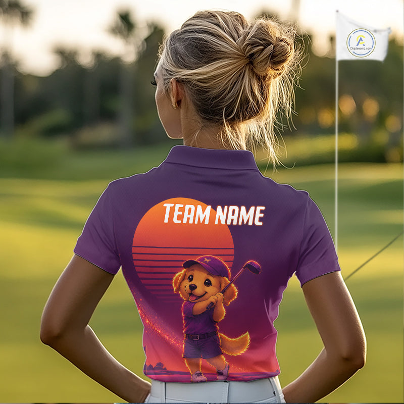 Personalized Golden Retriever Dog Golf Shirt - Retro Sunset Womens Golf Polo Shirt