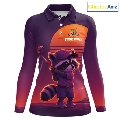 Personalized Raccoon Golf Shirt - Retro Sunset Womens Golf Polo Shirt