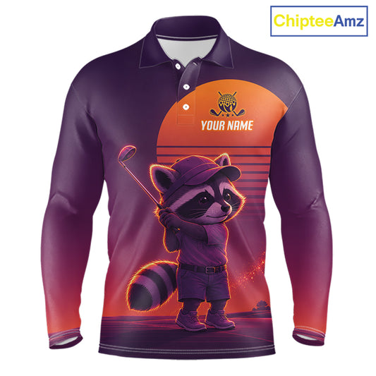 Personalized Raccoon Golf Shirt - Retro Sunset Golf Polo Shirt For Men