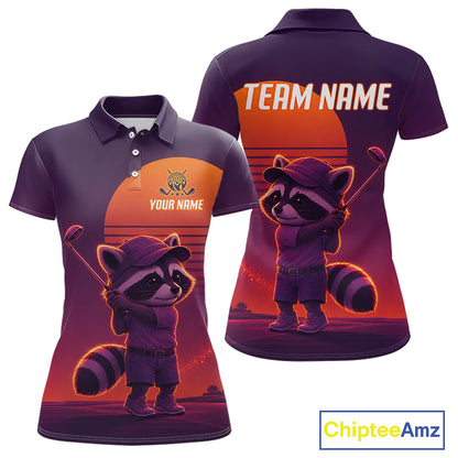 Personalized Raccoon Golf Shirt - Retro Sunset Womens Golf Polo Shirt