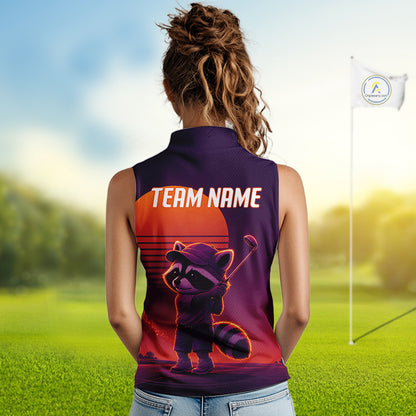 Personalized Raccoon Golf Shirt - Retro Sunset Womens Sleeveless Golf Polo Shirt 