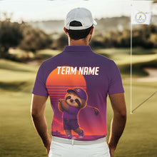 Load image into Gallery viewer, Person wearing a purple polo shirt with a cartoon sloth design on a golf course