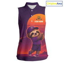 Load image into Gallery viewer, Personalized Sloth Golf Shirt - Retro Sunset Womens Sleeeveless Golf Polo Shirt 