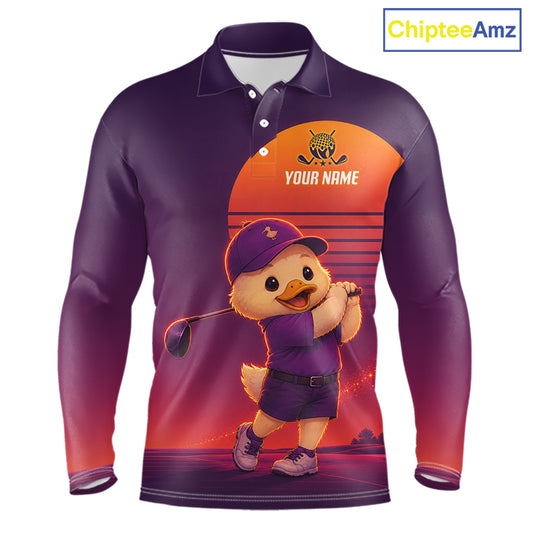 Personalized Duck Golf Shirt - Retro Sunset Golf Polo Shirt For Men