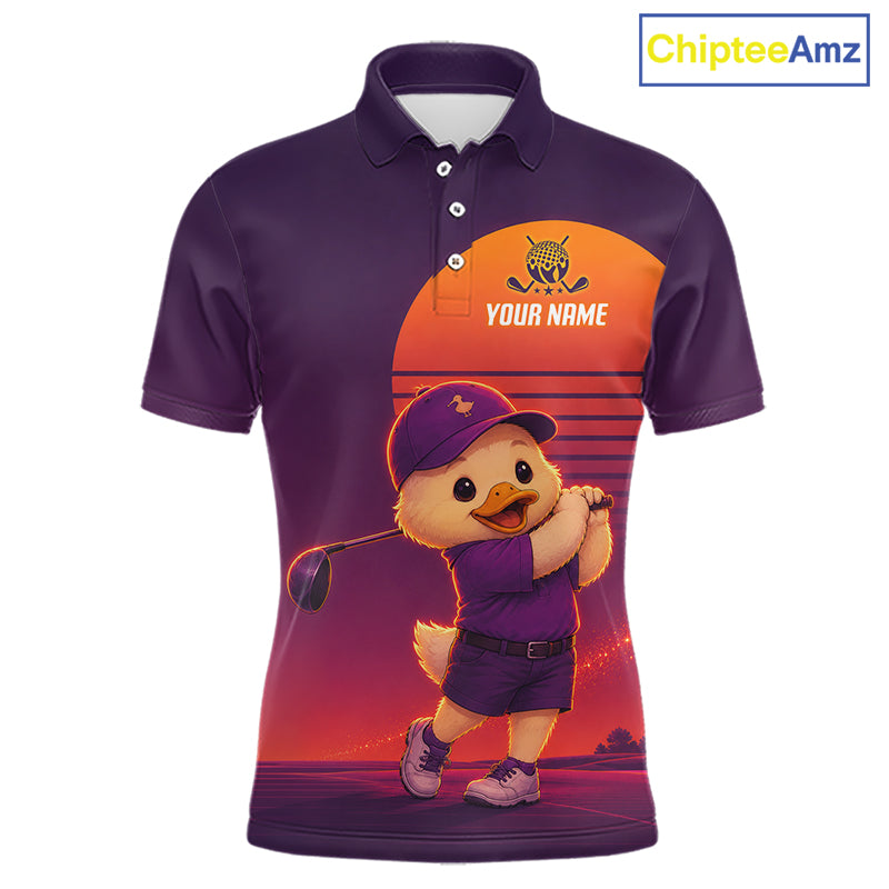 Personalized Duck Golf Shirt - Retro Sunset Golf Polo Shirt For Men