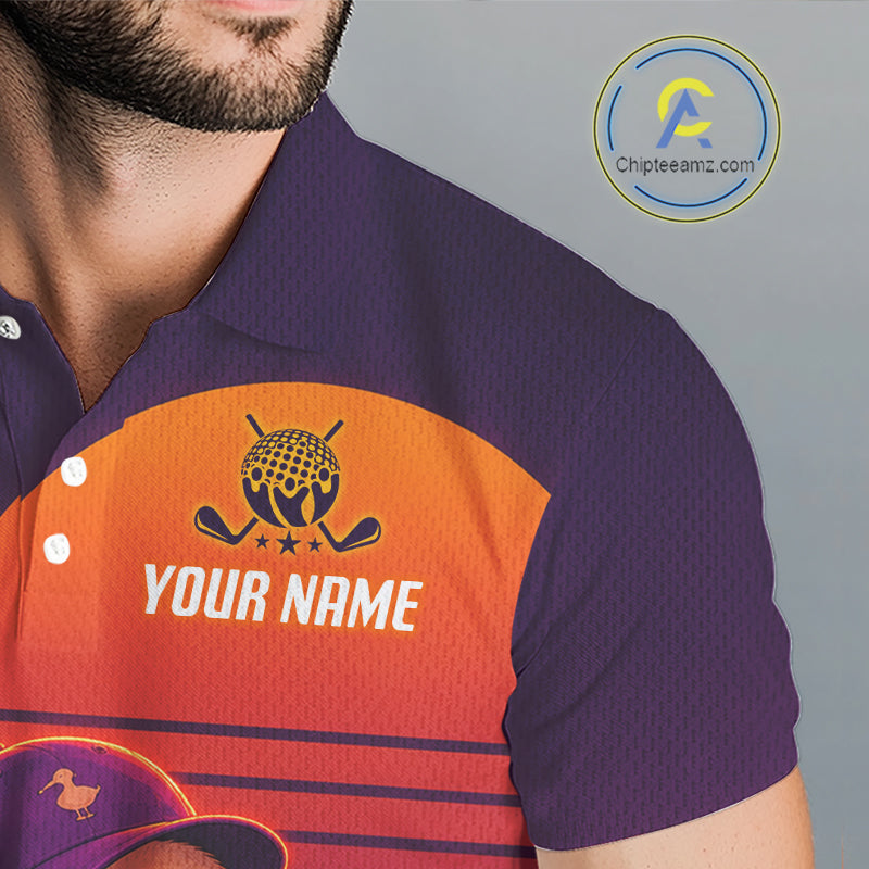 Orange and purple sports jersey with a logo and 'Your Name' text on a gray background.