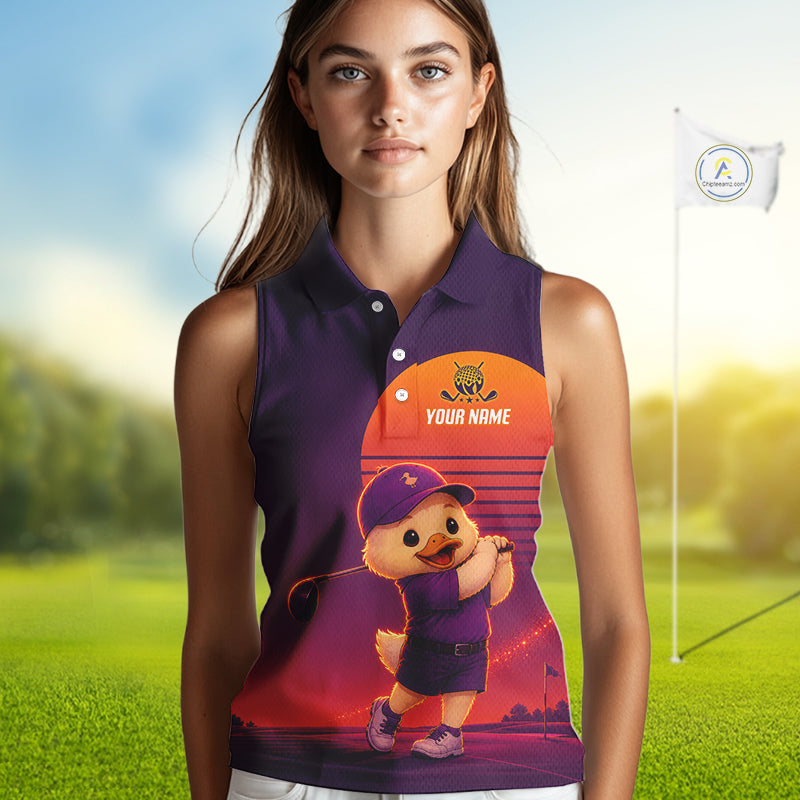 Personalized Duck Golf Shirt - Retro Sunset Womens Sleeeveless Golf Polo Shirt 