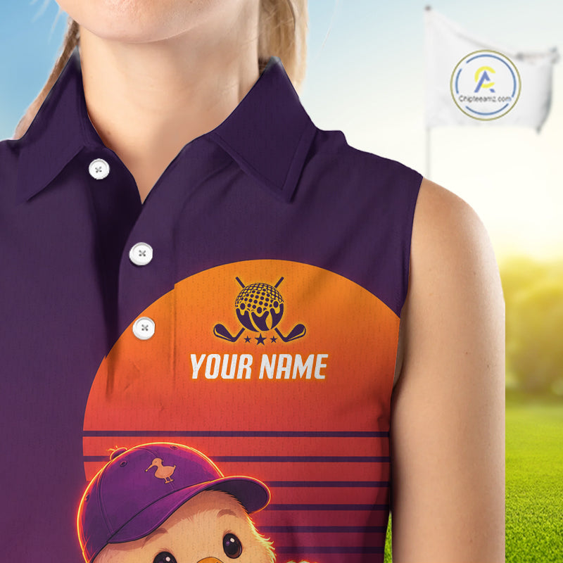 Personalized Duck Golf Shirt - Retro Sunset Womens Sleeeveless Golf Polo Shirt 