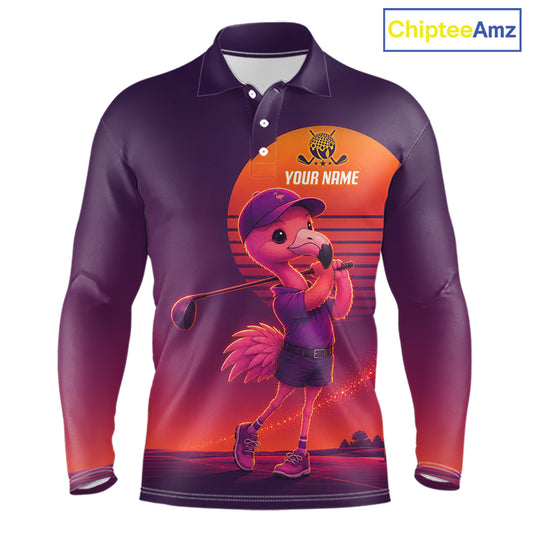 Personalized Flamingo Golf Shirt - Retro Sunset Golf Polo Shirt For Men