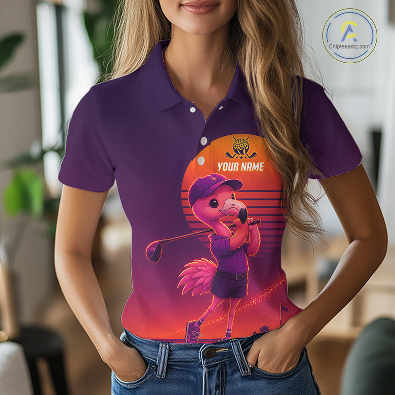 Purple polo shirt with a graphic of a bear wearing a cap and text 'YOUR NAME' on an orange background.