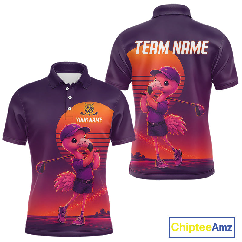 Personalized Flamingo Golf Shirt - Retro Sunset Golf Polo Shirt For Men