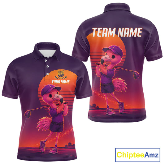 Personalized Flamingo Golf Shirt - Retro Sunset Golf Polo Shirt For Men