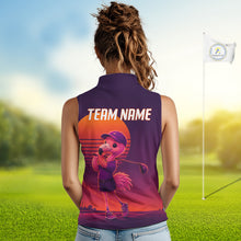 Load image into Gallery viewer, Personalized Flamingo Golf Shirt - Retro Sunset Womens Sleeeveless Golf Polo Shirt