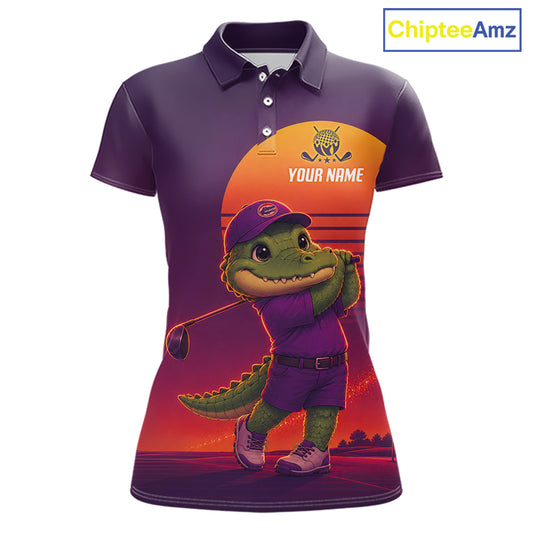 Personalized Alligator Golf Shirt - Retro Sunset Womens Golf Polo Shirt 