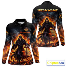Load image into Gallery viewer, Womens long sleeve disc golf polo shirt with flaming grim reaper graphic, custom name and number, sporty fit.