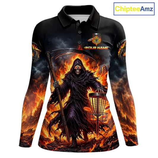 Womens long sleeve disc golf polo shirt with flaming grim reaper graphic, custom name and number, sporty fit.