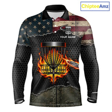 Load image into Gallery viewer, Mens disc golf polo shirt with USA flag design, custom name and number, athletic fit.