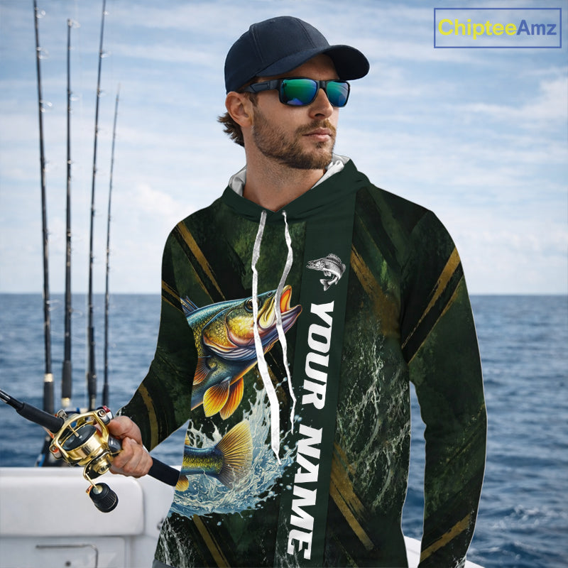 Personalized Hooded Walleye Fishing Jersey – Green Angler Shirt Custom Name, Fishing Gift For Men NHT876