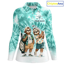 Load image into Gallery viewer, Funny Sloth Golf Polo Shirt For Womens –  Blue Tie Dye Custom Name Golf Shirt, Golf Gift NHT880