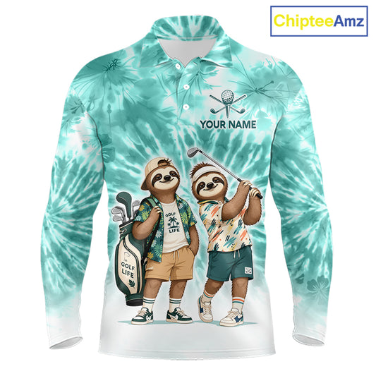 Funny Sloth Golf Polo Shirt For Men –  Blue Tie Dye Custom Name Golf Shirt, Golf Gift NHT880