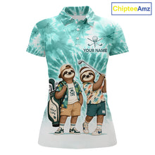 Load image into Gallery viewer, Funny Sloth Golf Polo Shirt For Womens –  Blue Tie Dye Custom Name Golf Shirt, Golf Gift NHT880