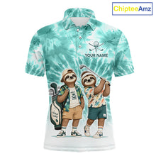 Load image into Gallery viewer, Funny Sloth Golf Polo Shirt For Men –  Blue Tie Dye Custom Name Golf Shirt, Golf Gift NHT880