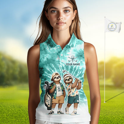 Funny Sloth Sleeveless Womens Golf Polo Shirt  –  Blue Tie Dye Custom Name Golf Shirt, Golf Gift NHT880