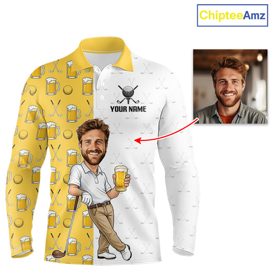 Custom Golf Polo With Face Funny Golfer Beer Lover Gift For Men|Yellow 