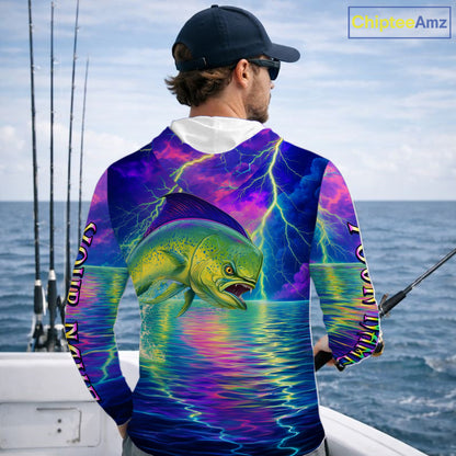 Angry Mahi Mahi Custom Hooded Fishing Shirts Long Sleeve, Design Neon Mahi Mahi Fishing Jersey NHT533