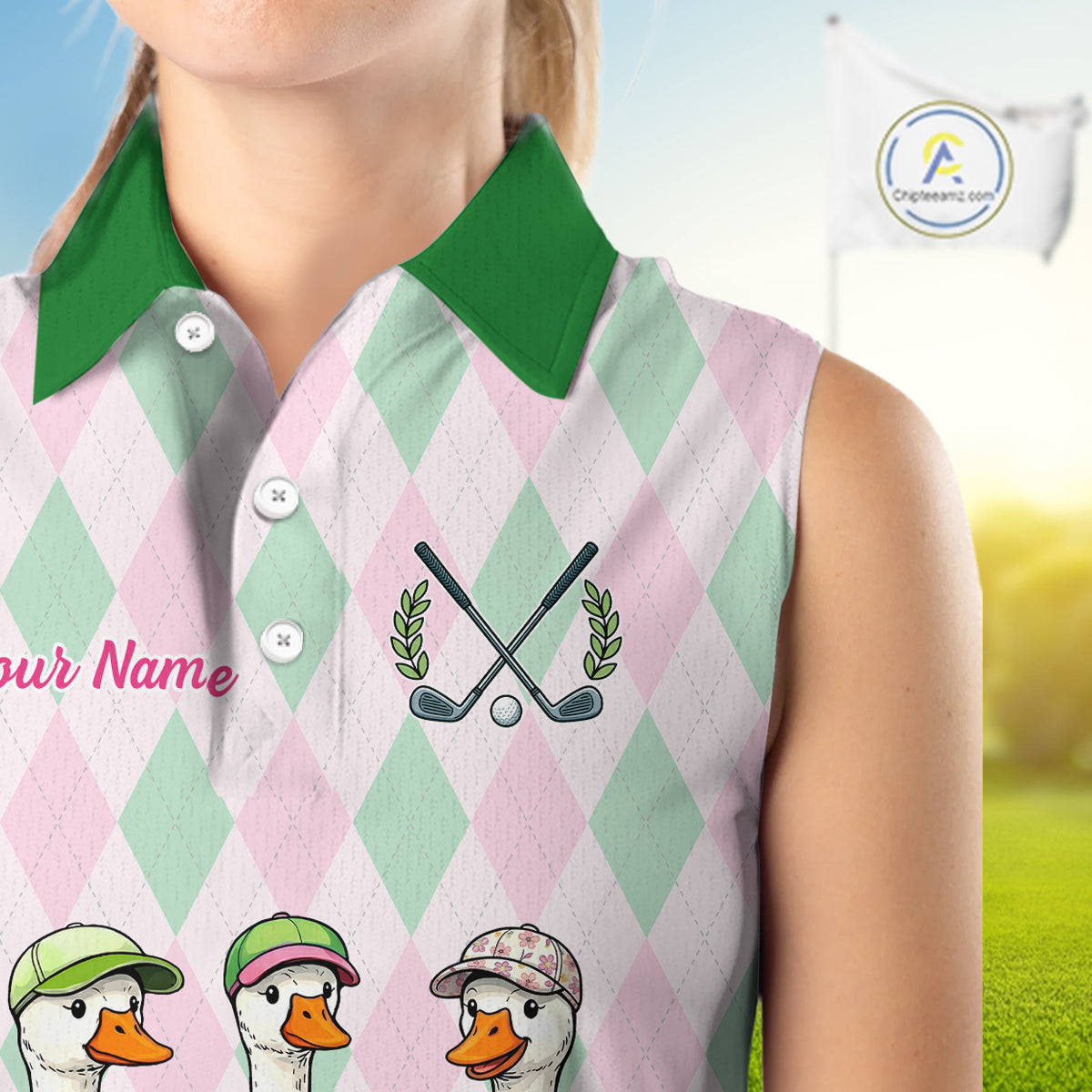 The Duck Family Golf Team – Personalized Matching Argyle Pattern Womens Sleeveless Polos Golf Shirt NHT723