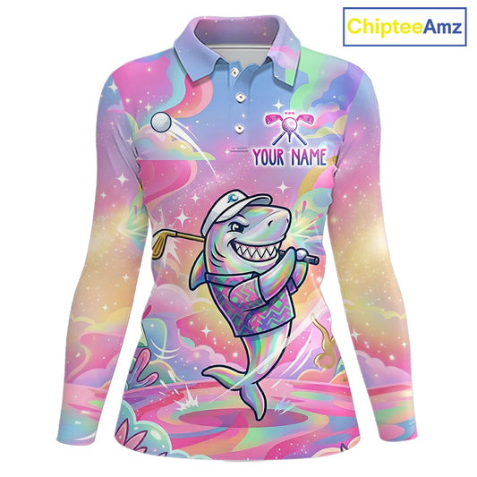 Funny Pastel Shark Womens Golf Polo Shirt Custom Ocean Golf Shirt, Polo Gift For Golf Lovers NHT898