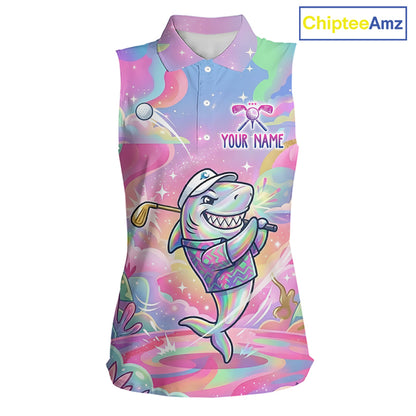 Funny Pastel Shark Womens Sleeveless Golf Polo Shirt Custom Ocean Golf Shirt, Polo Gift For Golf Lovers NHT898
