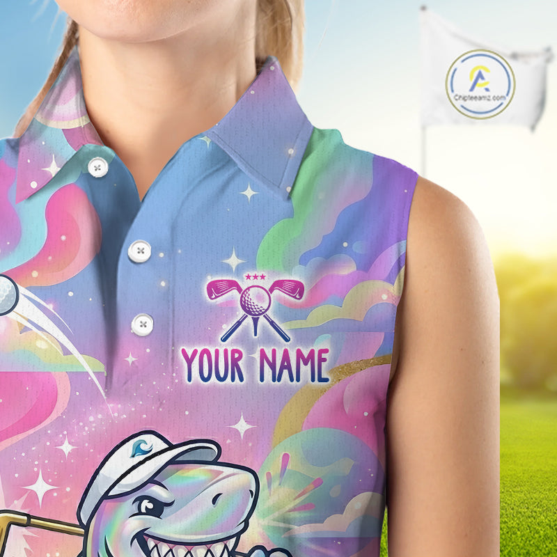 Funny Pastel Shark Womens Sleeveless Golf Polo Shirt Custom Ocean Golf Shirt, Polo Gift For Golf Lovers NHT898