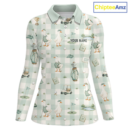 Personalized Goose Golf Polo Shirt Custom Name Team Shirt Green Plaid Womens Golf Lover Gift NHT1218