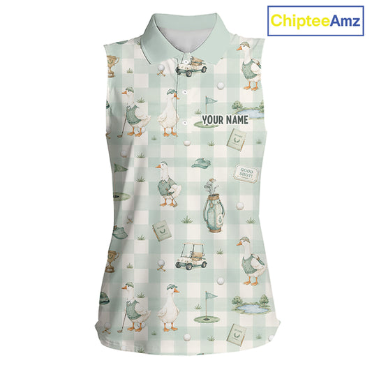 A sleeveless collared polo shirt with a golf-themed print featuring ducks, golf carts, flags, and a gingham pattern in pale green and white. The shirt includes a placeholder text 'YOUR NAME' on the chest and a 'ChipteeAmz' logo in the top right corner.