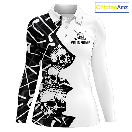 Custom Skull Womens Golf Polo Shirt Personalized Name, Golf Team Polo Jersey| Black 