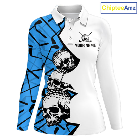 Custom Skull Womens Golf Polo Shirt Personalized Name, Golf Team Polo Jersey| Blue 
