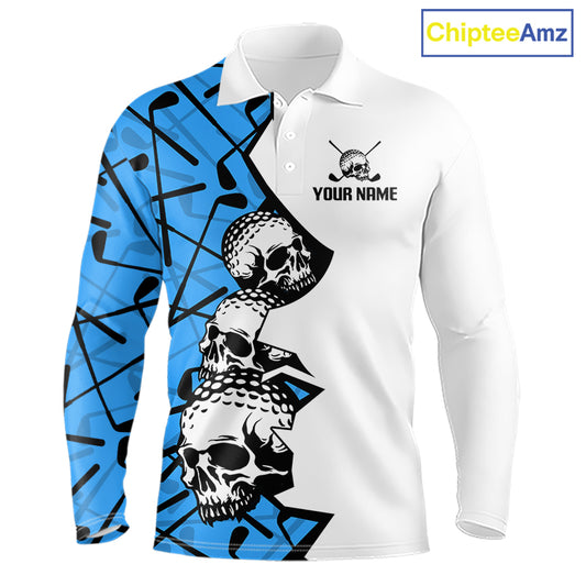 Custom Skull Mens Golf Polo Shirt Personalized Name, Golf Team Polo Jersey| Blue