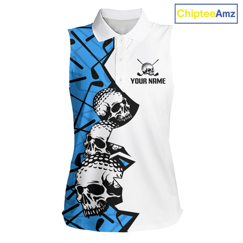 Custom Skull Womens Sleeveless Golf Polo Shirt Personalized Name, Golf Team Polo Jersey| Blue 