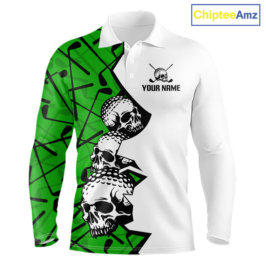 Custom Skull Mens Golf Polo Shirt Personalized Name, Golf Team Polo Jersey| Green 